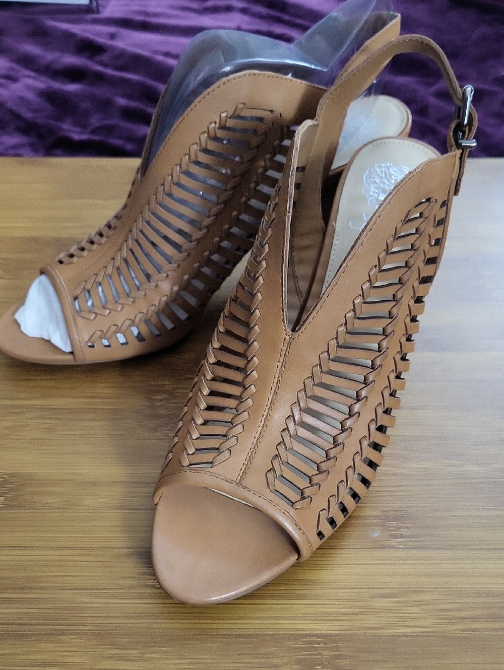 Vince Camuto Woven Open-Toe Slingback Heels in Tan